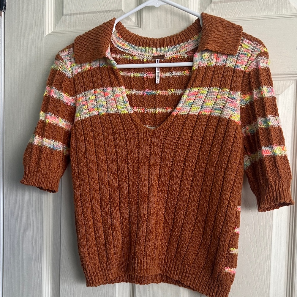 Free People Rust Brown V-Neck Short Sleeve Sweater with Multicolor Accents